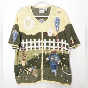 Vtg CJ Banks Hand Embroidered Cat Garden Short Sleeve Cardigan Sweater Flowers.